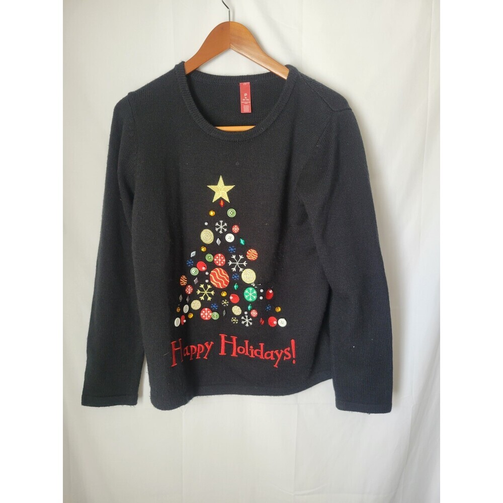 Holiday‎ Time Women's M Black Christmas Tree Happy Holidays Sweater